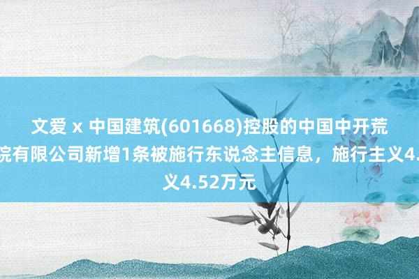 文爱 x 中国建筑(601668)控股的中国中开荒计预计院有限公司新增1条被施行东说念主信息，施行主义4.52万元